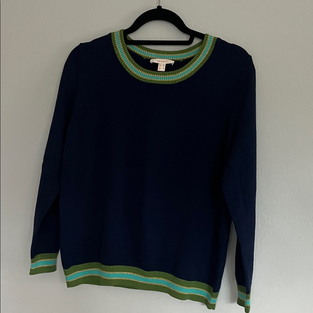 Esprit Navy Sweater with Green and Yellow Trim